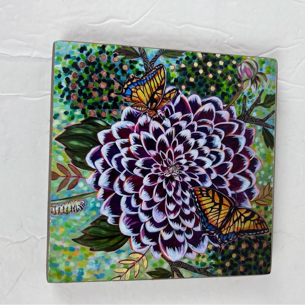 Artist signed-Tobias-colorful art flower print on wood